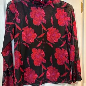 Tahari size large Floral Mesh Long Sleeve Top - Black and red/pink